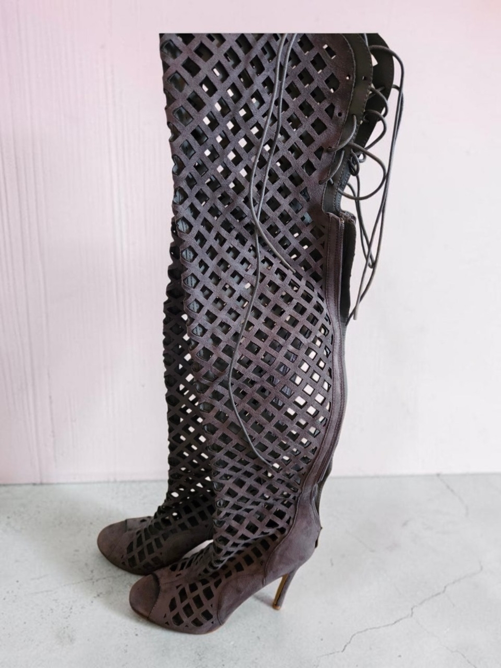 Grey Lattice Cutout Over-the-Knee Lace-Up Heeled Boots